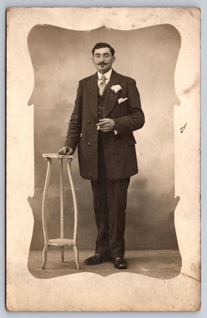 Vtg RPPC Postcard French Gentleman Mustache Suit Photo Lambert Le Havre France